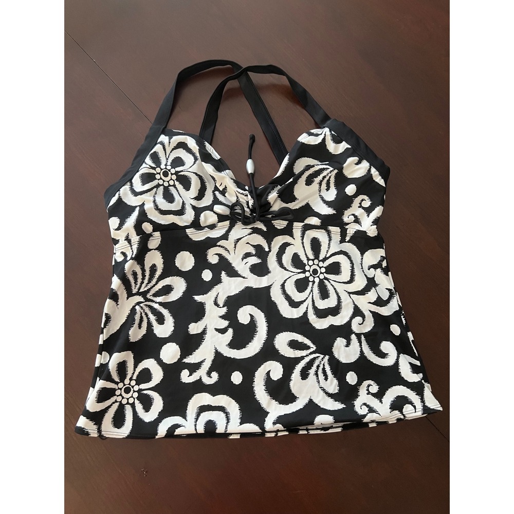 Fashion Bug Womens Floral Tankini Swim Top Black White Halter Cross Back Size 12